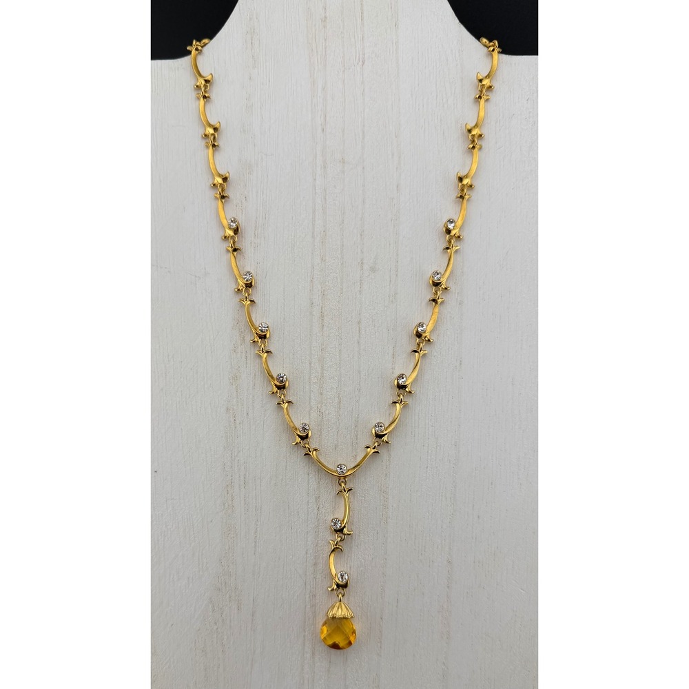 Avon Y-Necklace Gold Tone Amber Topaz Colored Drop Pendant Crystal Art Nouveau